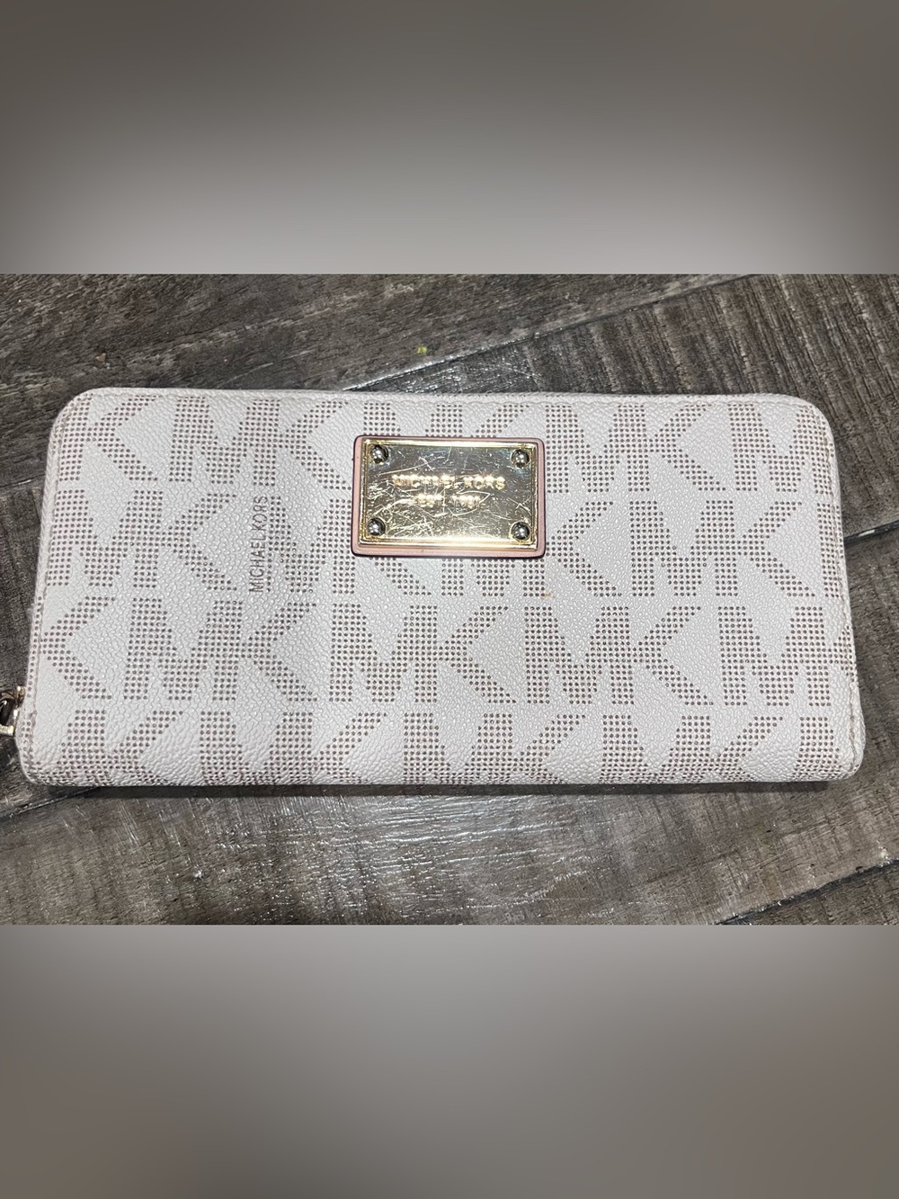 Michael Kors Cream MK Logo Zip-Around Continental Wallet with Gold Plate